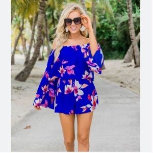 NWOT Pink Lily Blue and Pink Floral Romper